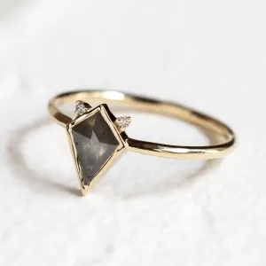 Yellow gold CATKIN ring with kite salt and pepper diamond and side diamonds, angled view