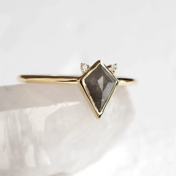 CATKIN ring with kite salt and pepper diamond and side diamonds, angled view
