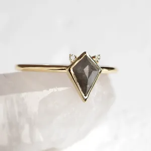 CATKIN ring with kite salt and pepper diamond and side diamonds, angled view
