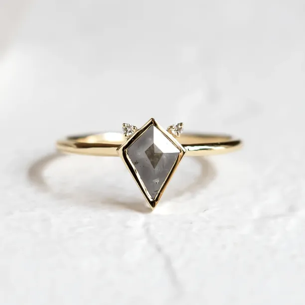 CATKIN ring with kite salt and pepper diamond and side diamonds