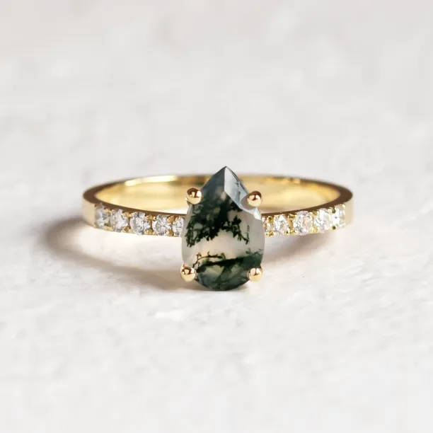 Zlatý prsten s pear mechovým achátem a diamanty EALGA Image