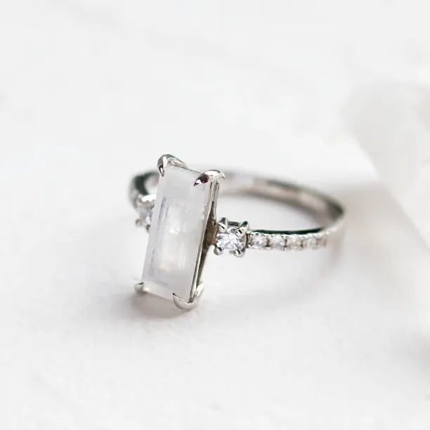 Gold baguette moonstone ring with side diamonds TIGE Image
