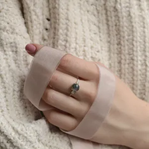 FIONNUALA gold ring with cabochon moss agate and diamonds worn on the hand