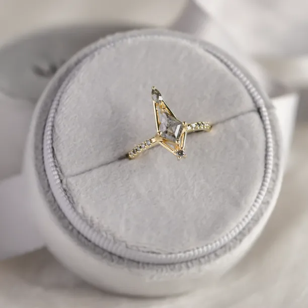 Angled view of the SANIA ring with a kite-shaped salt and pepper diamond