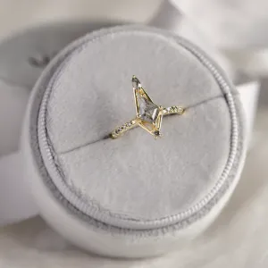 Angled view of the SANIA ring with a kite-shaped salt and pepper diamond