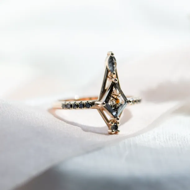 Angled view of SANIA ring with a kite-shaped salt and pepper diamond