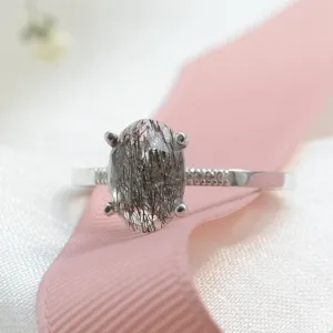 Minimalist ring with oval rutil quartz and diamonds ROXANE Thumbnail