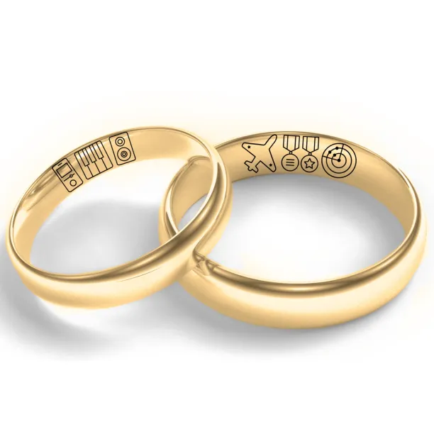 Custom gold wedding rings with engraved symbols, product model Snubni prsteny s pribehem 10