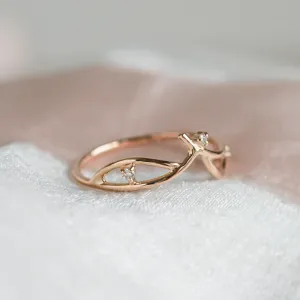Gold minimalist leaf ring with diamonds DOFA Thumbnail