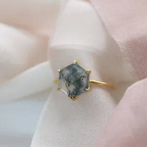 Gold ring with moss agate ELIONOR Thumbnail