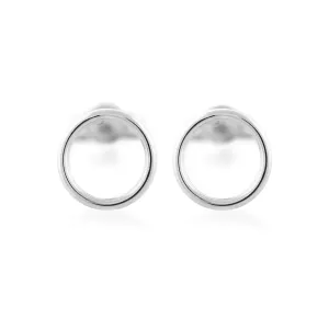 Pair of silver karma earrings shown from the front
