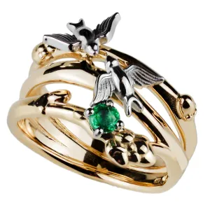 Zlatý prsten GINA se smaragdem a dvěma ptáčky z bílého zlata