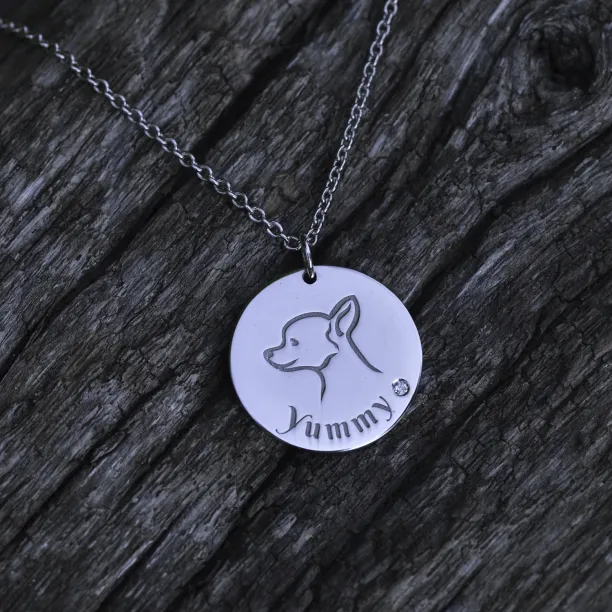 Close-up of the YUM silver dog pendant with diamond and engraving