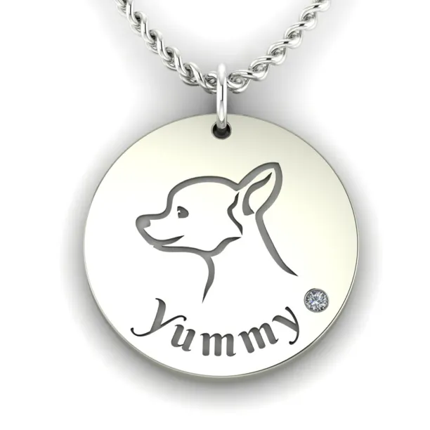YUM silver pendant with a diamond and engraved dog portrait