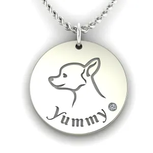 YUM silver pendant with a diamond and engraved dog portrait