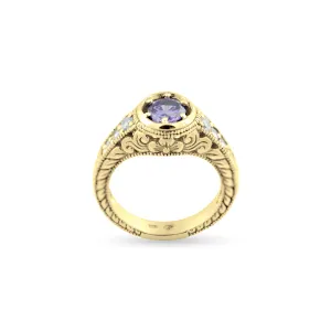 OSLO gold ring with amethyst and diamonds, close view of the floral band