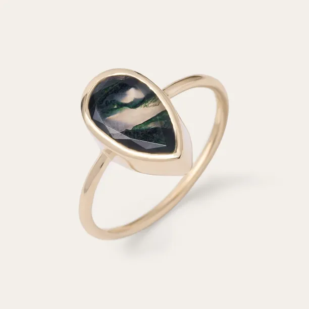 Gold ring with pear moss agate XENIA Image