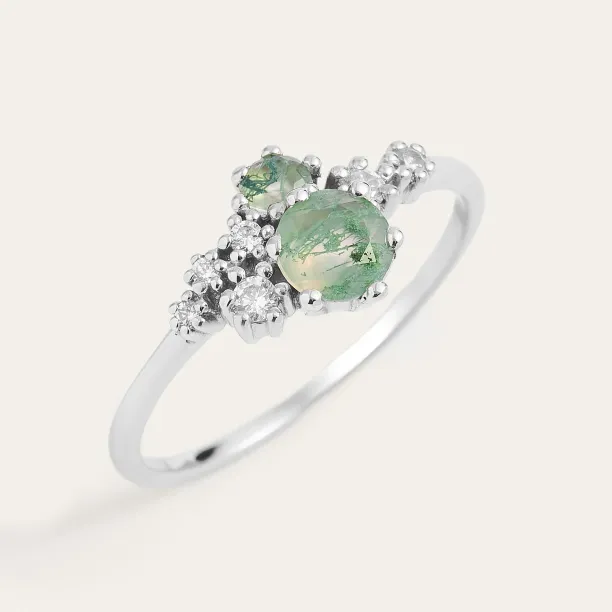 Cluster ring with moss agate and diamonds FANTASY Image