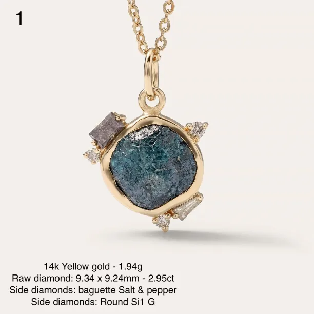 LAURA raw diamond pendant, stone 1, shown close up