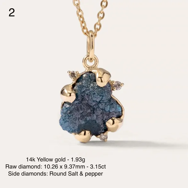 Angled view of the LAURA raw diamond pendant, stone 2