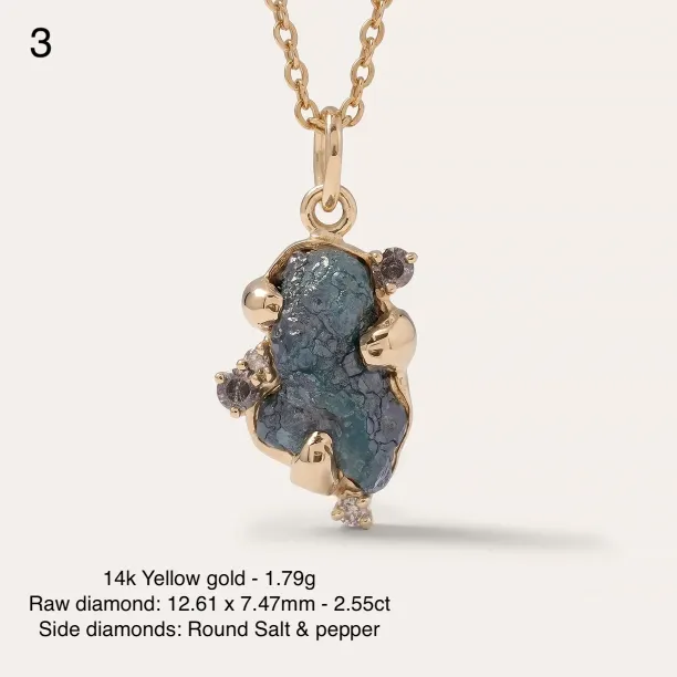 Angled view of the LAURA raw diamond pendant, stone 3