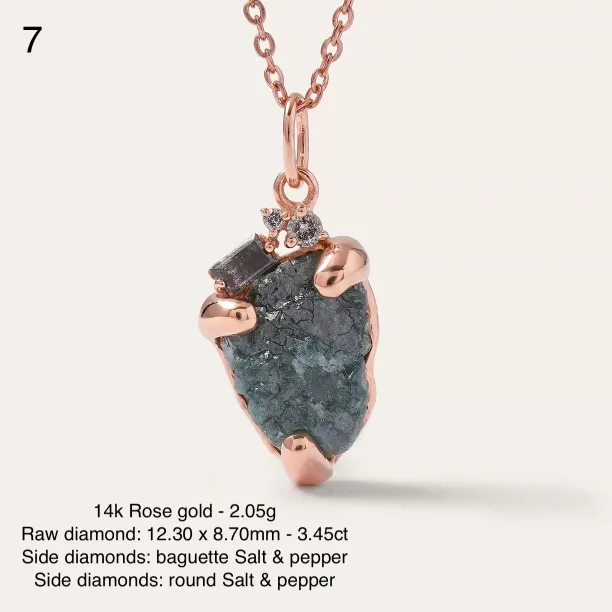 Angled view of LAURA raw diamond pendant, stone 7