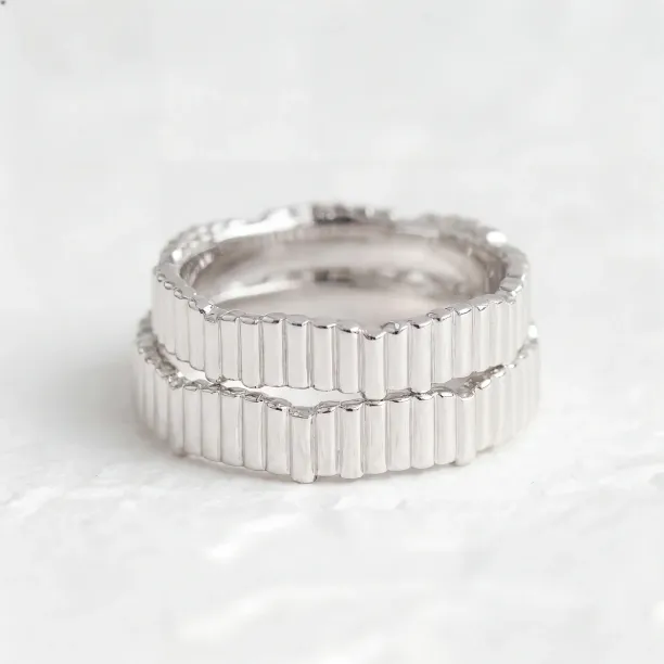 White gold geometric wedding rings INGRID shown stacked together