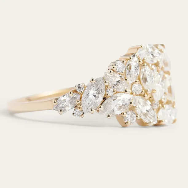 Close-up angled view of the CHANNELIE lab grown diamond cluster ring