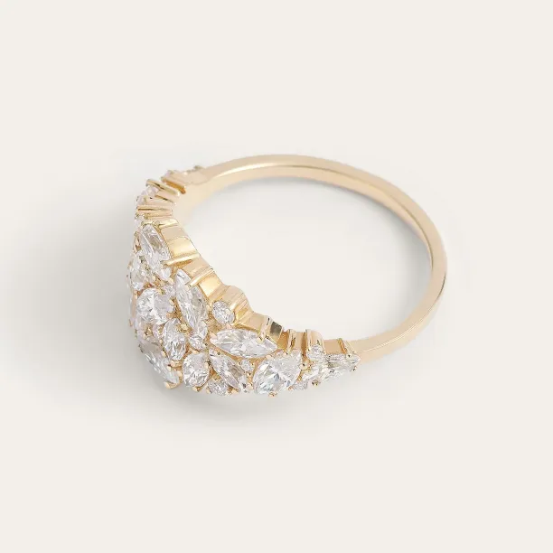 VALENTINA gold moissanite cluster ring in an angled view
