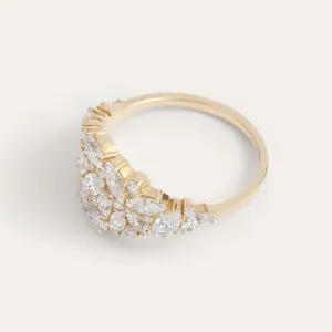 VALENTINA gold moissanite cluster ring in an angled view