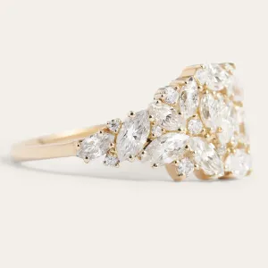 Close-up of the gold moissanite cluster on the VALENTINA ring
