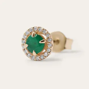Close-up of one MOLLY emerald and diamond earring with an emerald center