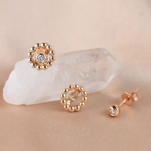 FLOS gold earrings with removable gemstone and interchangeable flower frames