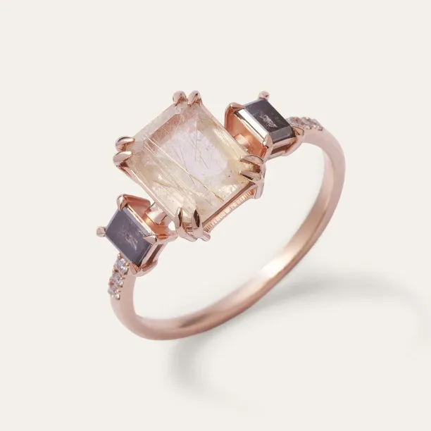 Vintage ring with rutilated quartz and salt and pepper diamonds FRANCI Image