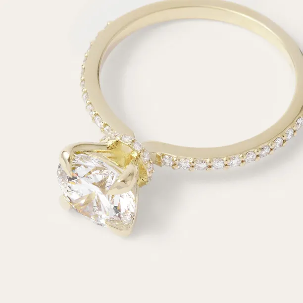 ARABELLA engagement ring with cushion-square lab grown diamond and diamond-set band, close detail