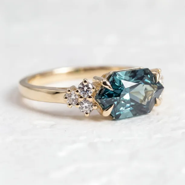 Close-up of the ARMINE ring’s lab grown sapphire and surrounding lab grown diamonds