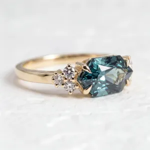Close-up of the ARMINE ring’s lab grown sapphire and surrounding lab grown diamonds