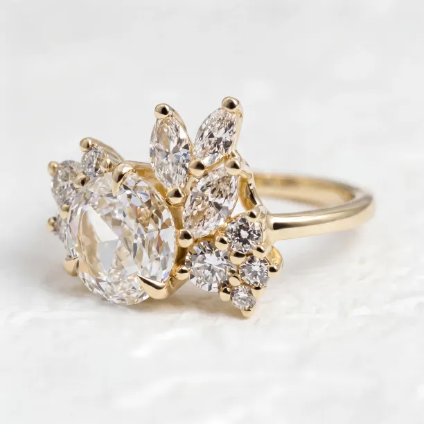 Detailní pohled na fazetované lab grown diamanty a obroučku zlatého prstenu VESNA