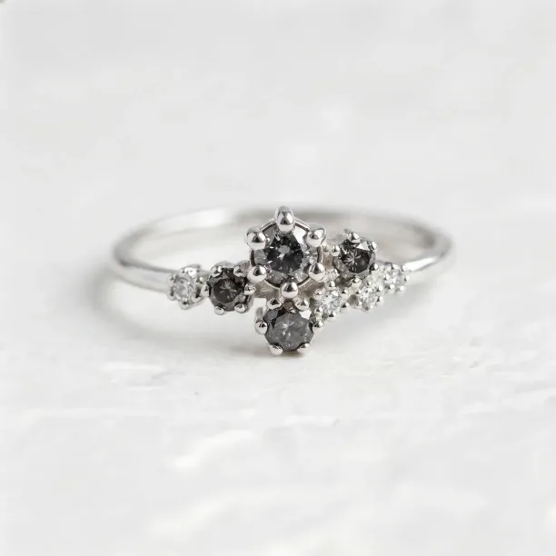 Unusual cluster ring with salt'n'pepper diamonds GEMBA Image