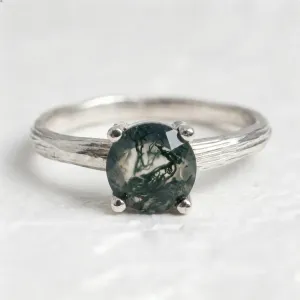 Gold Ring in Tree Bark Shape with Moss Agate SILVA