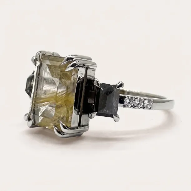 Vintage ring with rutilated quartz and salt and pepper diamonds FRANCI