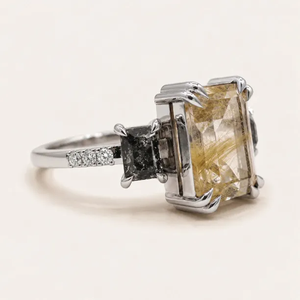 Vintage ring with rutilated quartz and salt and pepper diamonds FRANCI