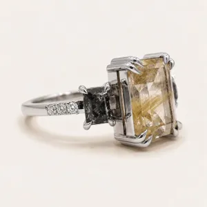 Vintage ring with rutilated quartz and salt and pepper diamonds FRANCI