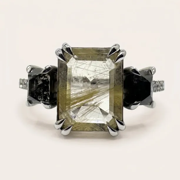 Vintage ring with rutilated quartz and salt and pepper diamonds FRANCI