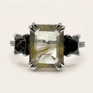 Vintage ring with rutilated quartz and salt and pepper diamonds FRANCI