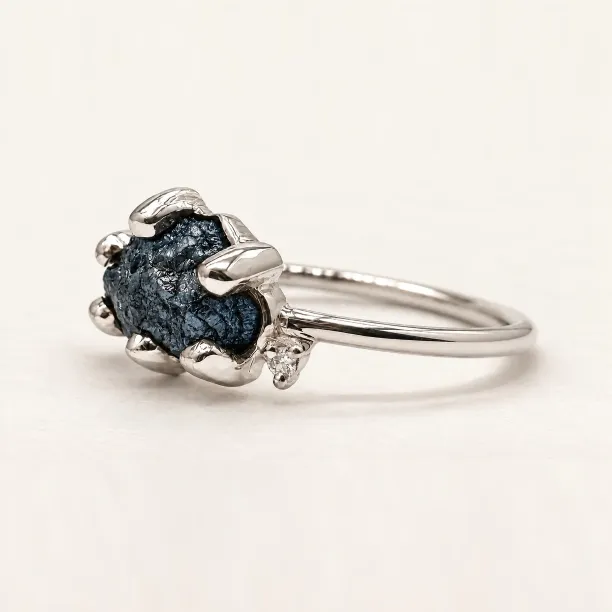 Gold raw blue diamond ring with classic diamonds POSEIDON