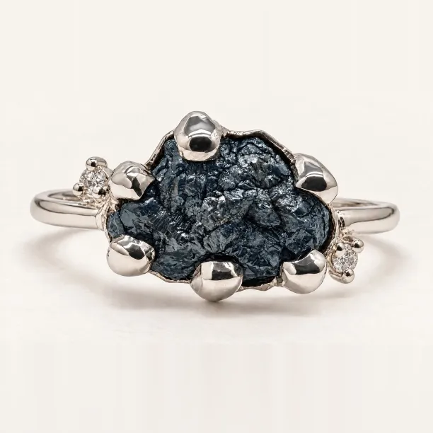 Gold raw blue diamond ring with classic diamonds POSEIDON